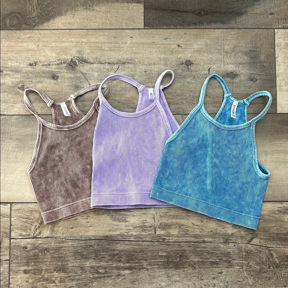 Ribbed Crop Tank Tops - Blue, Lavender, Brown (3-Pack)